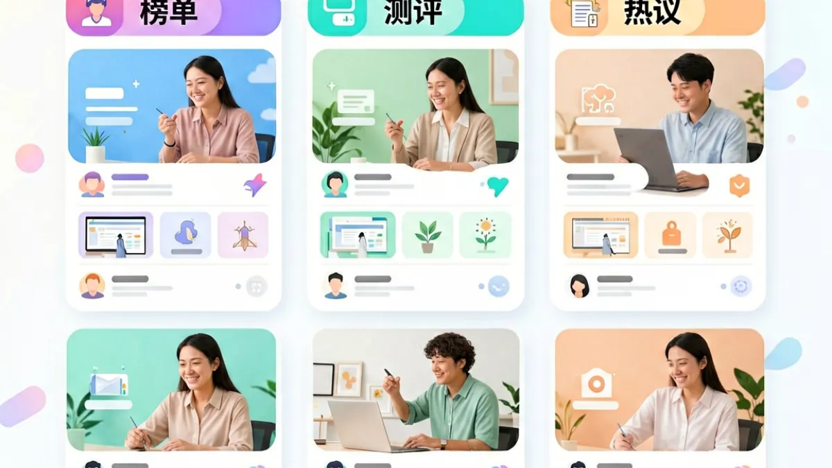 黄品汇内容中心页面截图，展示商品榜单、深度测评和用户热议三个内容模块的入口导航布局