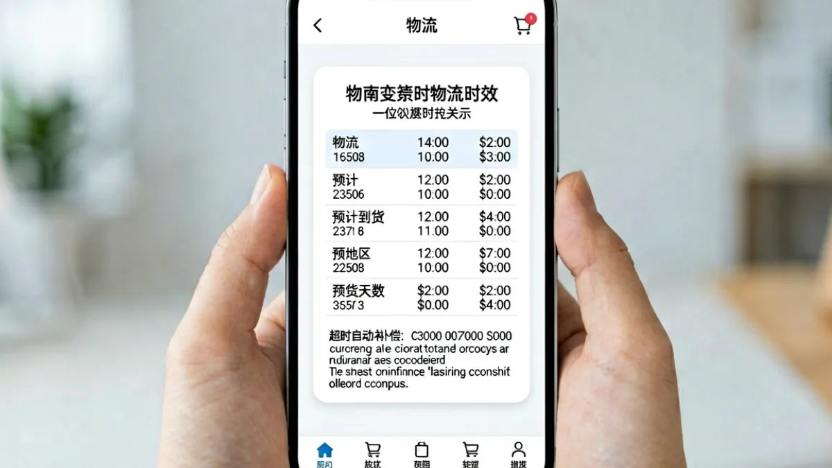 黄品汇平台商品页展示物流时效公示模块，清晰标注预计到货天数与自动补偿说明