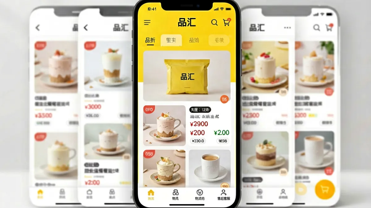 黄品汇与多个主流购物平台的对比示意图，展示价格标签、商品品类列表及服务评星的视觉对比场景
