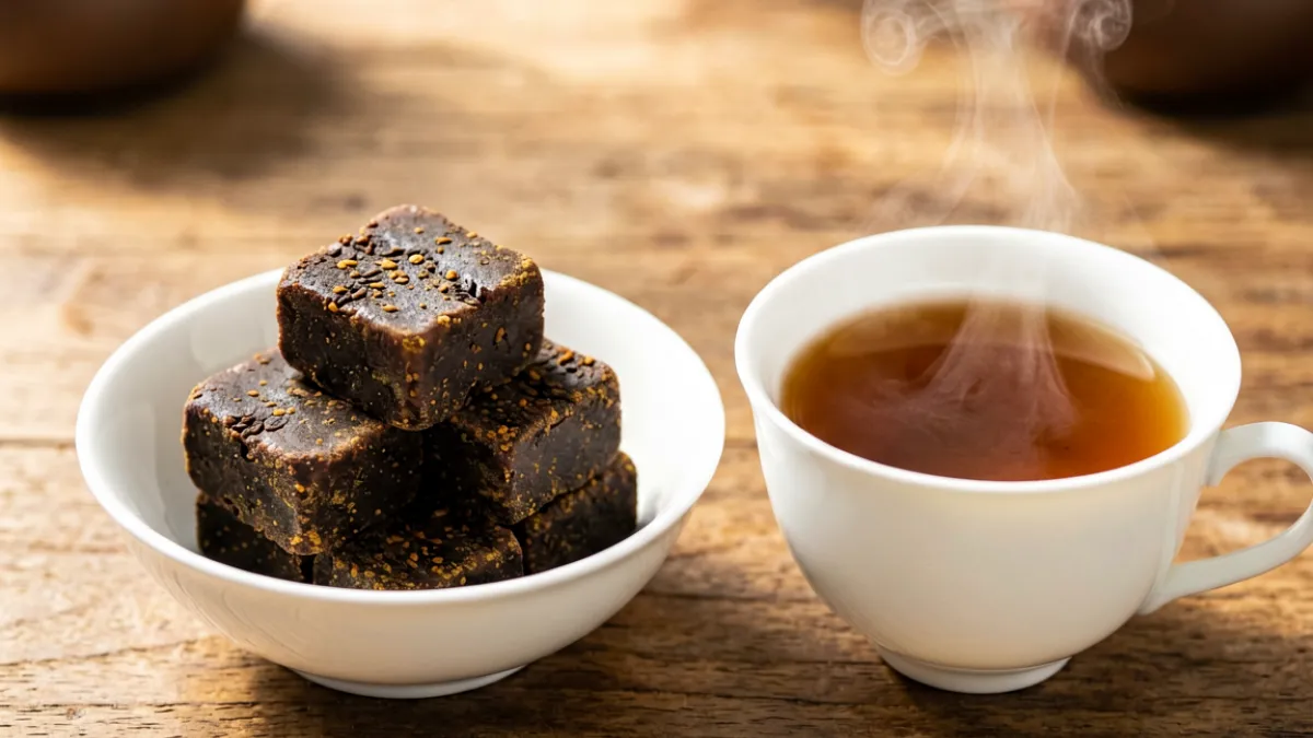 黄品汇经典手工黑糖姜茶实物特写，深褐色糖砖整齐排列在白瓷碗旁，蒸汽袅袅