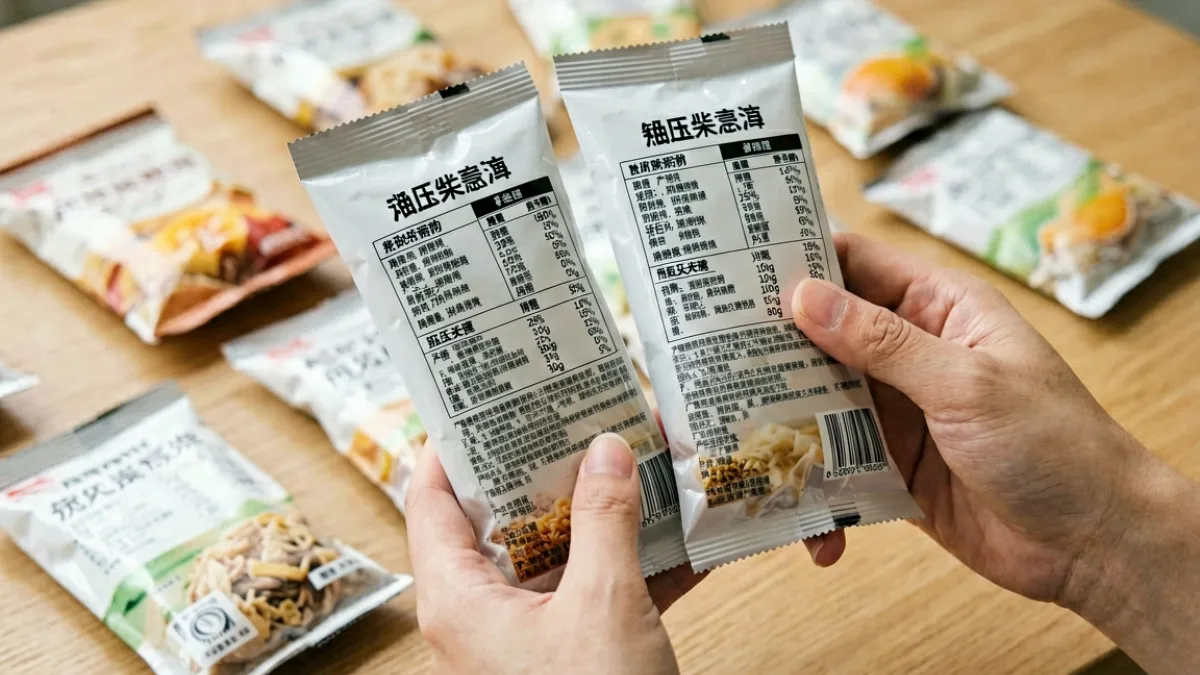 黄品汇商品选购指南场景图，展示消费者对比查看配料表与活性成分标注的桌面细节特写